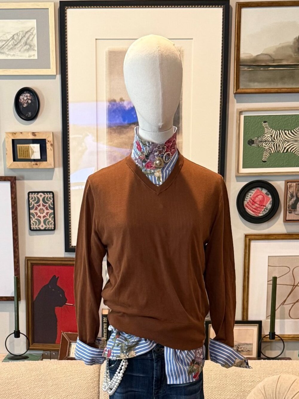 ZARA FINE-KNIT COTTON V-NECK SWEATER - COGNAC BROWN - SIZE S